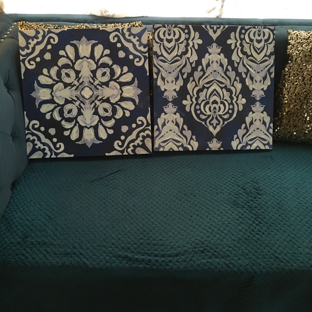 Blue and White Damask Decorative Acrylic paint Canvas pictures. 16x16 NEW!